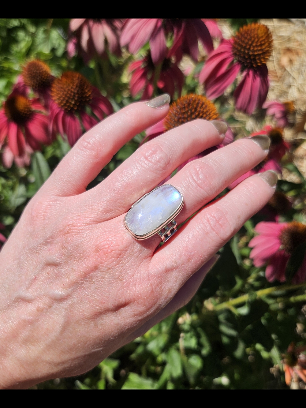 Modern Moonstone Sterling Silver Statement Ring  Size 7 1/2